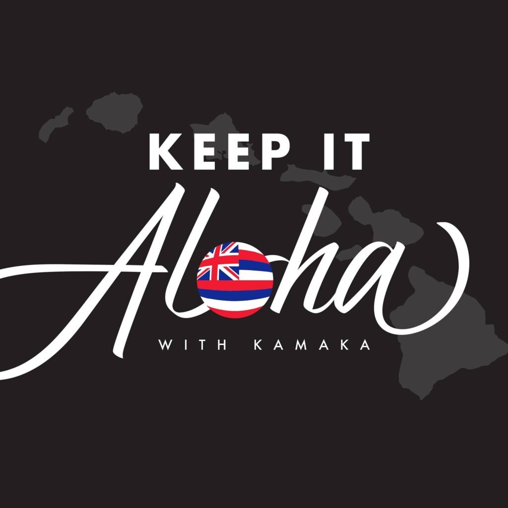 Black Keep It Aloha logo with the Hawaiian Islands in the back.